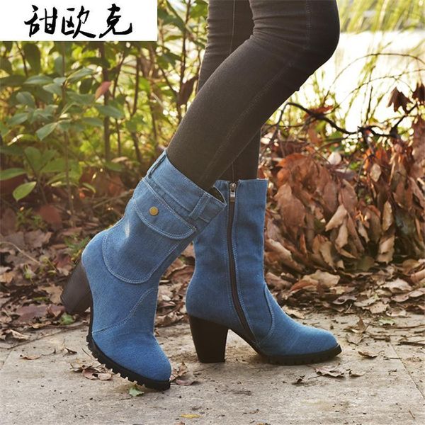 

boots winter women mid-calf rome style fashion zipper denim warm high heel plus size botas mujer h2f2, Black