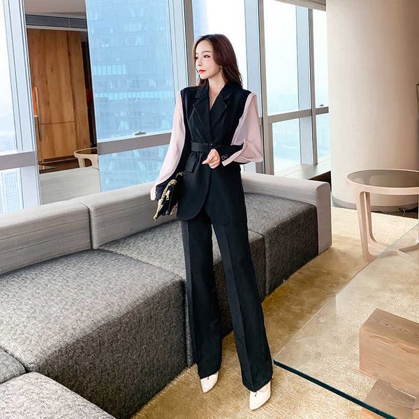 

autumn elegant patchwork hit color blazer and wide leg pant suit set female office ol work two piece 210529, White