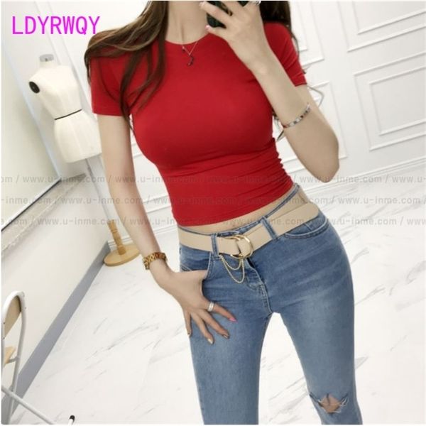 

[ldyrwqy] south korea summer umbilical slim round neck solid color short sleeve chest t-shirt women 210416, White