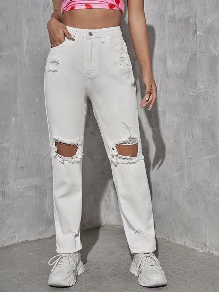 

ripped detail mom jeans v6a4#, Blue