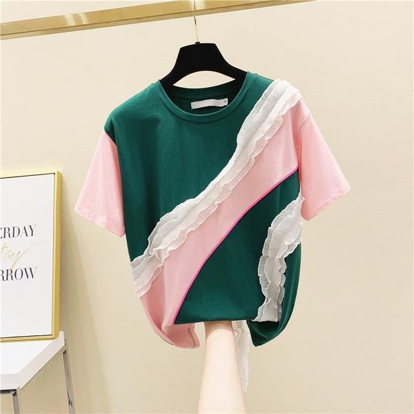 

spring and summer casual womens loose lace korean style ruffles color matching short sleeved cotton, White