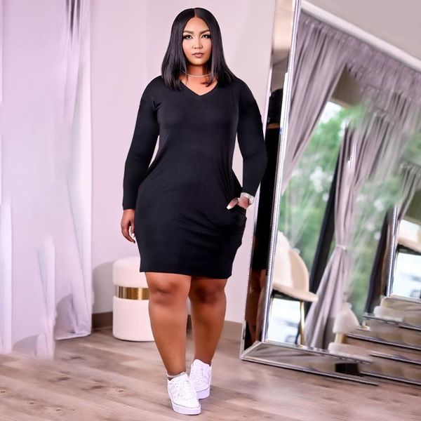 

plus size dresses zjfzml zz women clothing dress casual simple solid deep v neck long sleeve side pocket drop wholesale, Black