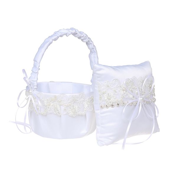

white satin wedding basket pillow set bowknot ring bearer pillows and bride flower girl baskets h-5681