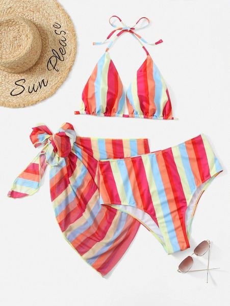 

3pack plus colorful stripe halter bikini swimsuit & beach skirt f0ip#, Black