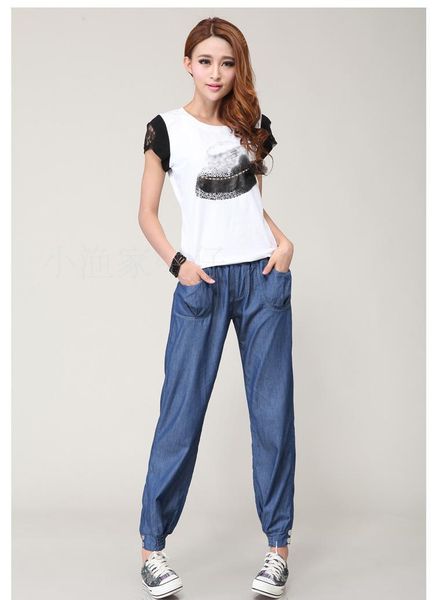 

women's pants & capris woman summer plus size solid mid elastic waist loose ankle-length thin tencel harem female spring fall haren, Black;white