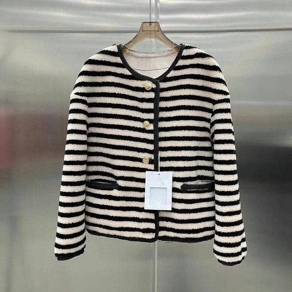 

women's fur & faux winter wool leather coat chic stripe jackets a979, Black