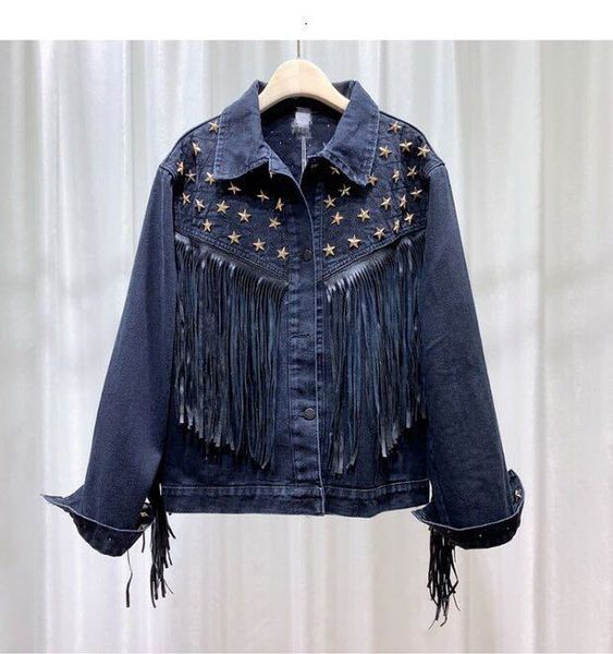 

women's jackets denim jacket, vintage woman's suede coat with fringe and star, sleeve long, autumn boho 076l, Black;brown