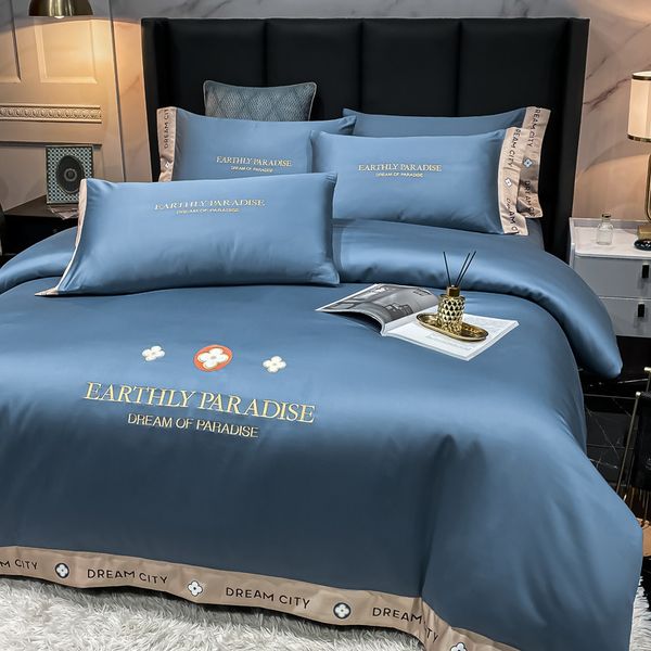 

european style pure color washed embroidery smooth sleeping ice silk four piece set sheet quilt cover bedding