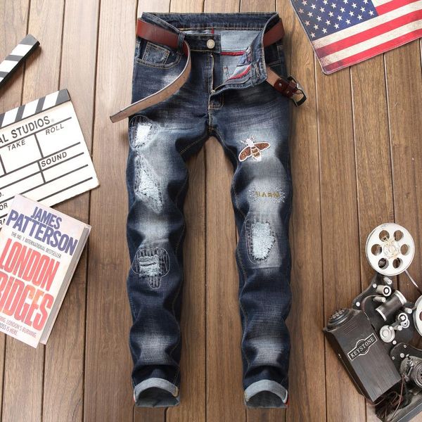 

brand skinny jeans men frayed zipper straight distressed ripped black fashion slim fit biker pants trousers men's, Blue