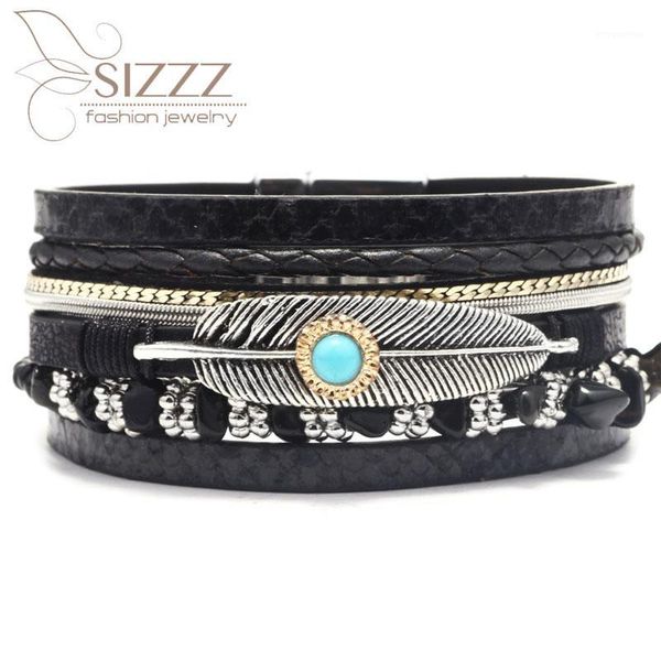 

explosion models korean version of the feather retro gravel multilayer leather street beat bracelet&bangles for women1, Golden;silver