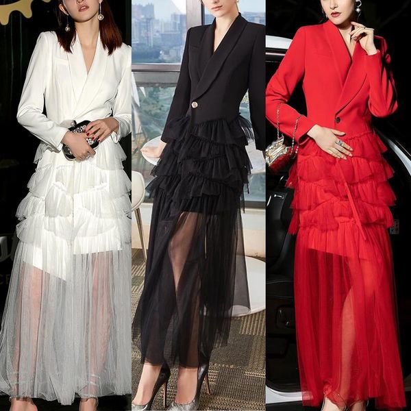 

women's jackets cwbshowgg autumn and winter notched collar jacket slim long sleeve pleated mesh patchwork fashion elegant coat outerwea, Black;brown