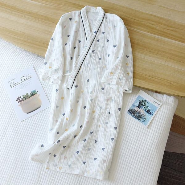 

women's sleepwear white cotton kimono robe gown ladies summer bathrobe heart print nightgown v-neck nightdress autumn lounge, Black;red
