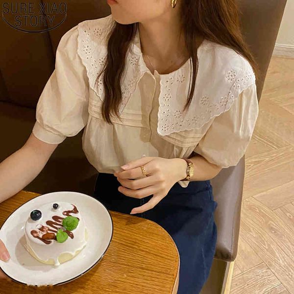 

summer chic lace women hollow out short sleeve shirts sweet peter pan collar loose casual shirt blusas 14067 210417, White