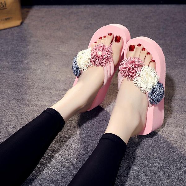 

slippers bangjiao diy handmade 3 flowers flip flops women bohemia beach wedges sandal quality-eva sandalias shoes woman, Black