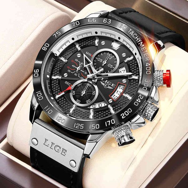 

mens watches lige brand luxury leather casual quartz watch men sport waterproof clock black watch relogio masculino 210517, Slivery;brown