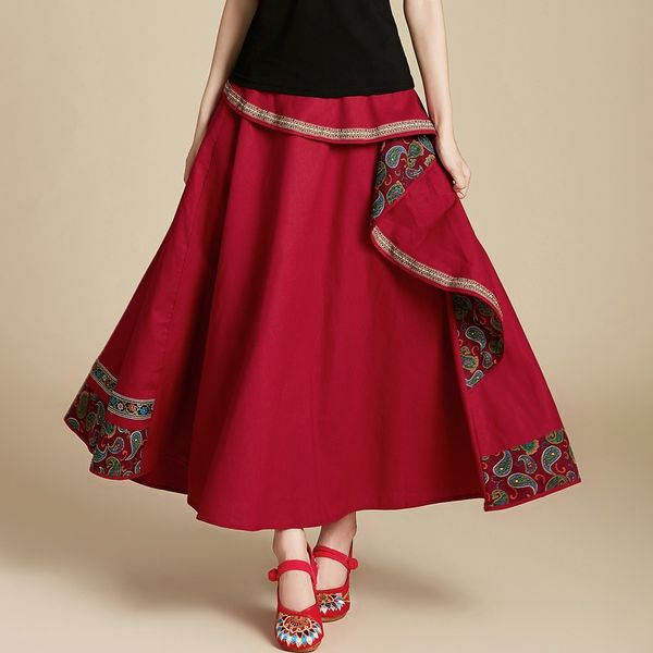 

womens skirt 2021 new cotton linen embroidery women skirt ethnic style high waist patchwork vintage midi skirts for women 11597, Red