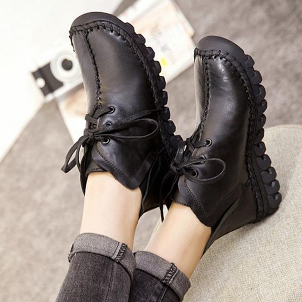 

boots style lace-up woman flat shoes autumn comfortable genuine leather ankle for women booties lady zapatos de mujer sy446, Black