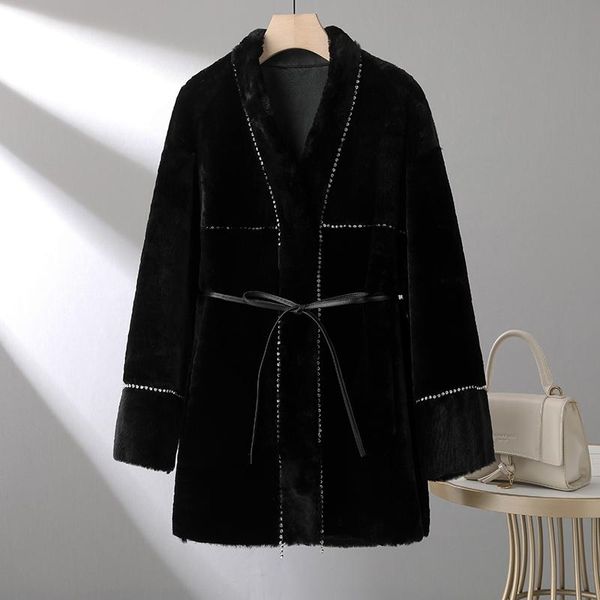 

women's fur & faux 2021 v-neck real natural sheepskin coat with long sleeve thick warm luxury style ol arrival, Black