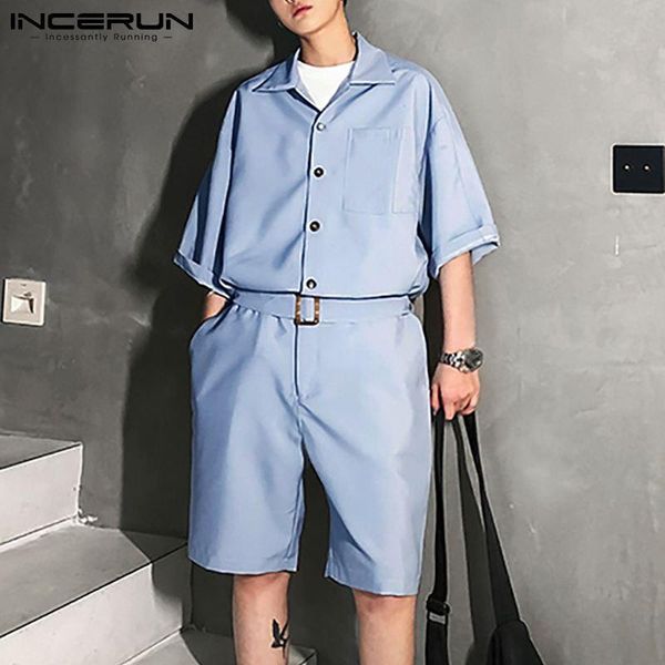

men's shorts 2021 men rompers loose lapel short sleeve streetwear casual jumpsuits solid color fashion cargo overalls with belt incerun, White;black