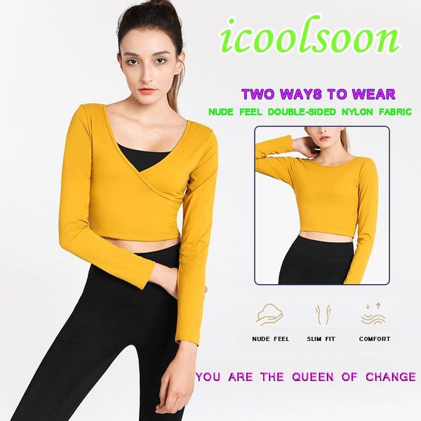 

yoga outfits icoolsoon autumn and winter fashion wear nude-felling long-sleeved sports running crop women dance elastic shirts, White;red