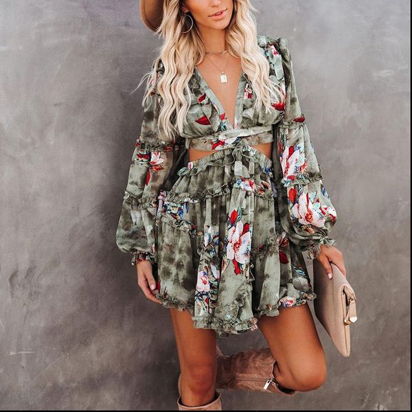 

backless lace womens dress up women spring floral print a line waist hollow out cascading ruffle casual female mini vestidos, Black;gray