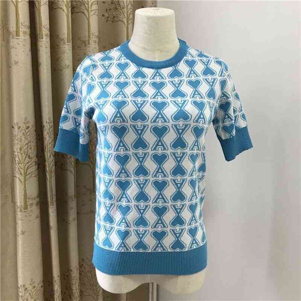 

2022 factory wholesale new model summer round neck slim fit pullover short sleeve love letter ice silk sweater women's, White;black