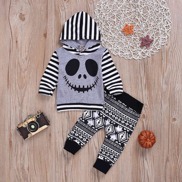 

2021 children new baby long sleeve wansheng hooded skull head printed sweater | + two piece pants set, White