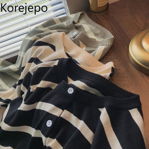 

women's knits & tees korejepo women shirt 2021 summer korean chic retro casual striped o-neck short sleeve cardigan thin loose knitted, White
