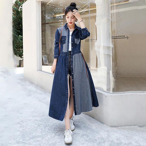 

casual dresses ehqaxin womens denim summer autumn fashion striped stitching high waist a-line over-the-knee buttons long dress -3xl, Black;gray