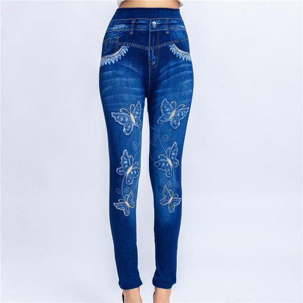 

women's leggings 2021 women high waist fake jeans butterfly print ankle length pants super stretch skinny imitation, Black