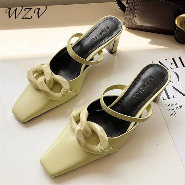 

sandals summer 2021 high heels women black chain decorated square toe large size beach slippers zapatillas de casa s141