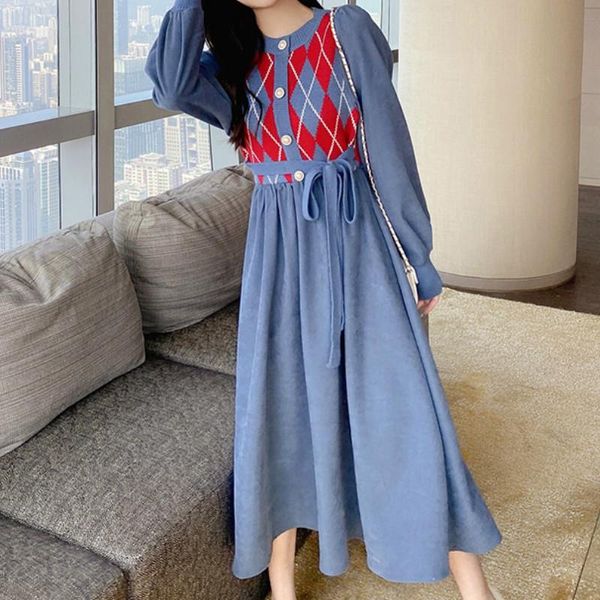 

casual dresses vintage argyle knitted dress women french romantic pearl buttons high waist long sleeve elegant party vestido feminino, Black;gray