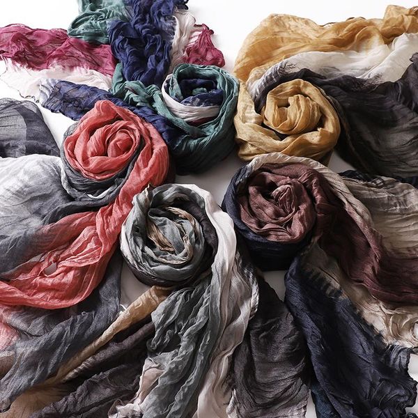 

scarves women fashion sen retro ethnic style bohemian color matching printed cotton and linen scarf shawl wrinkled long, Blue;gray