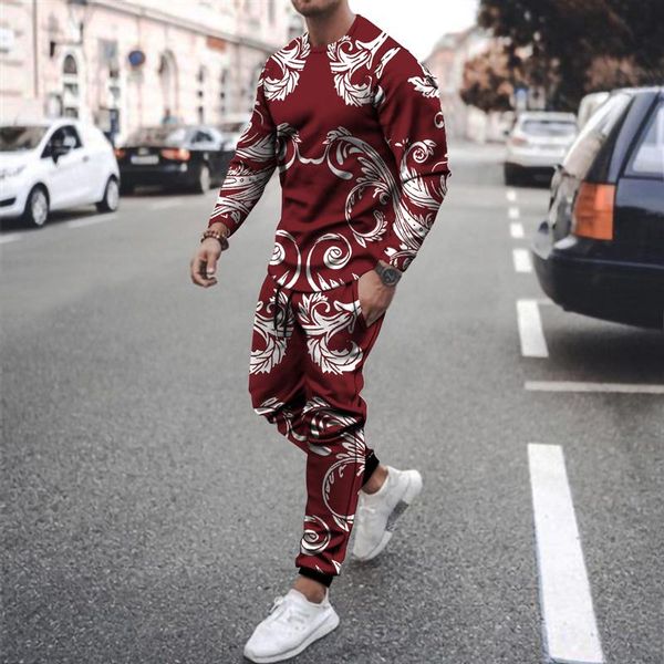 

men's tracksuits skull retro pattern 3d autumn long-sleeved round neck + trousers sports hip-hop casual 2-piece suit jogging street sty, Gray