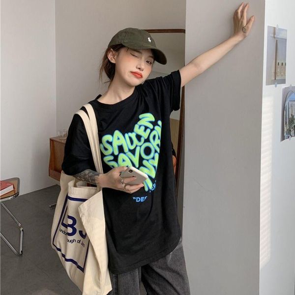 

black t-shirt women's letter foam printing 2021 summer korean ins fashion loose love versatile [end on april 18], White