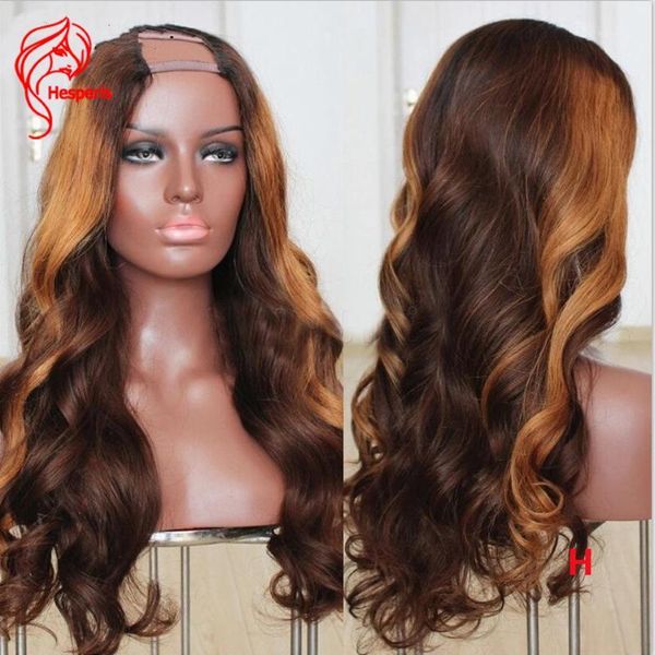 

hesperis blonde highlight human hair wigs natural wave brazilian remy u part 2x4 shape opening #4 brown1, Black;brown
