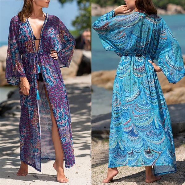 

female beach dress floral print long sleeve one-piece bikini covers cardigan coat for women blue/purple women's swimwear, White;black