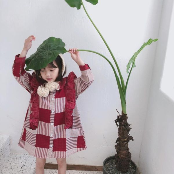 

girl's dresses baby girl temperament wine red plaid dress lovely long sleeve ruffle shirt princess for party wedding clothes, Red;yellow