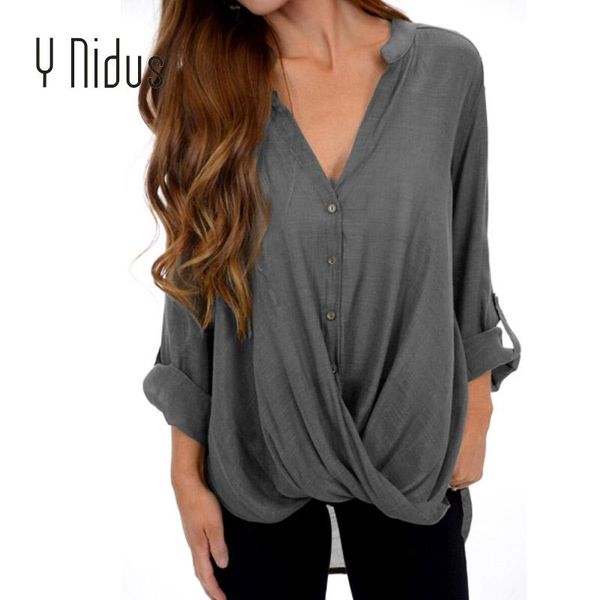 

women's blouses & shirts shirt autumn chiffon blouse 2021 long sleeve button v neck cross irregular hem female blusas feminina s-5xl, White