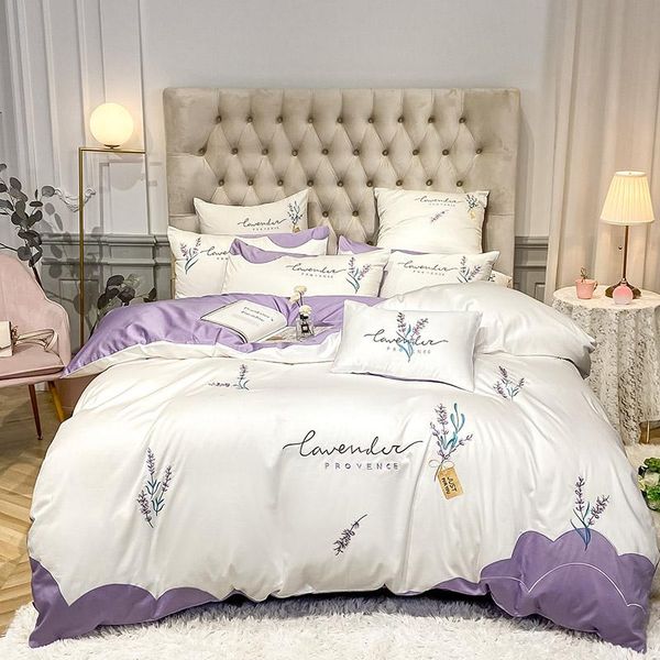 

bedding sets luxury white purple splice 600tc egyptian cotton lavender flowers embroidery set duvet cover bed sheet pillowcases