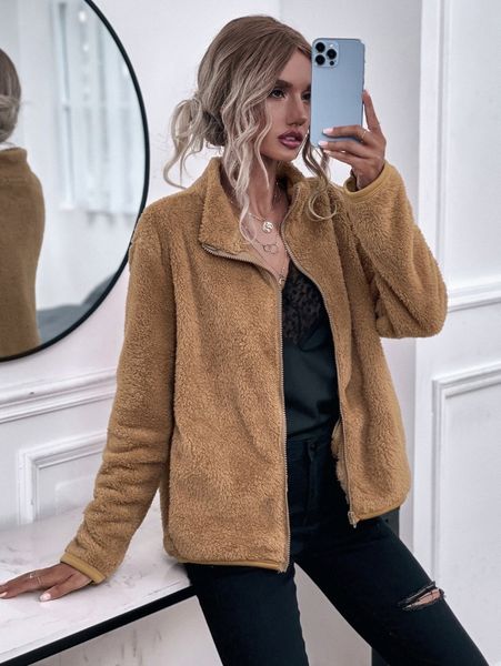 

drop shoulder zipper fleece jacket 39lo#, Black;brown