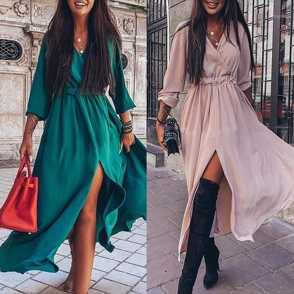 

fashion skirt women's solid high end v-neck split dress two piece, White
