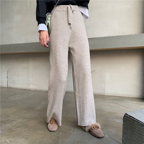 

women's pants & capris elastic belt lace-up mesh tights wide leg autumn loose woman's nightgown 2021 drawstring, Black;white