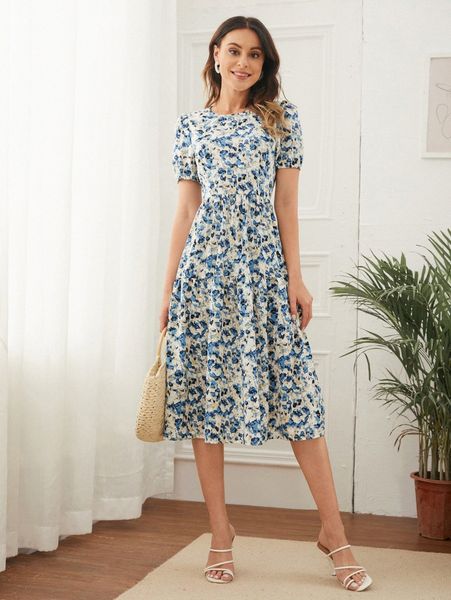 

puff sleeve allover print dress q3le#, Black;gray