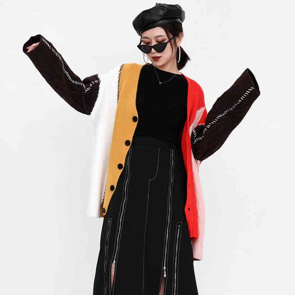 

women's jackets [ewq] early autumn female v-neck stitching loose temperament personalized long sleeve knitting thin sweater coat 16e439, Black;brown