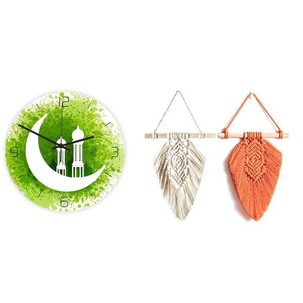 

wall clocks 1 pcs muslim clock living room mute electronic frameless & 2 hand-woven feather leaf tapestry