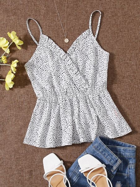 

allover print frill trim cami e3ey#, White