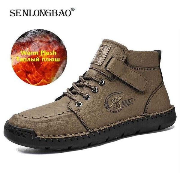 

brand winter men's boots warm plush snow handmade leather ankle outdoor comfortable motorcycle 210619, Black