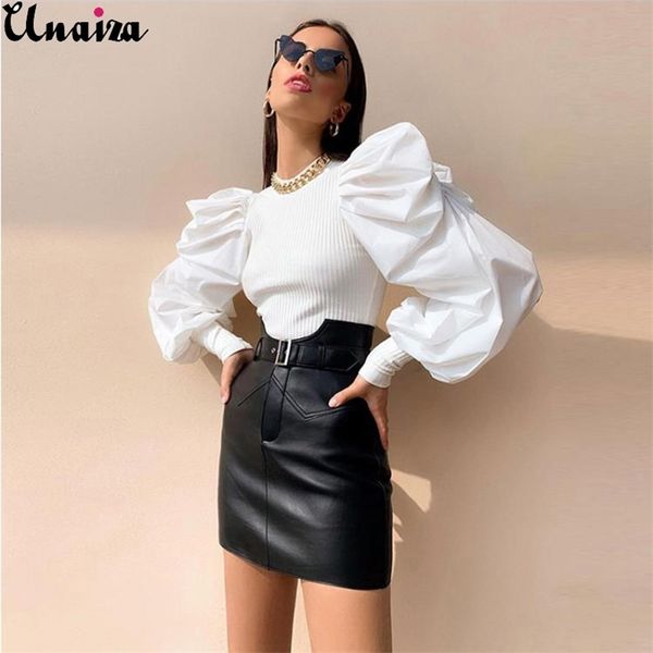 

unaiza t-shirt women puff sleeve slim bottoming long fashion round neck casual famous ladies' 210522, White