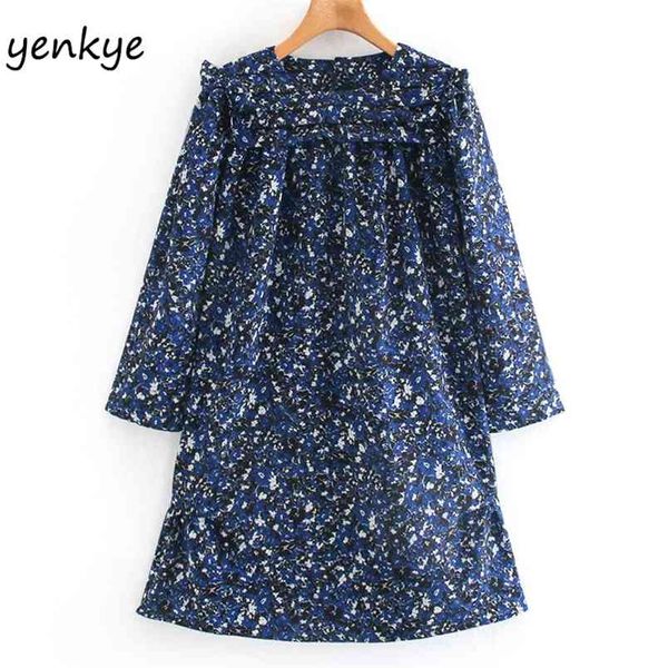 

fall women vintage floral print dress long sleeve round neck casual plus size female a-line mini short vestido 210514, Black;gray